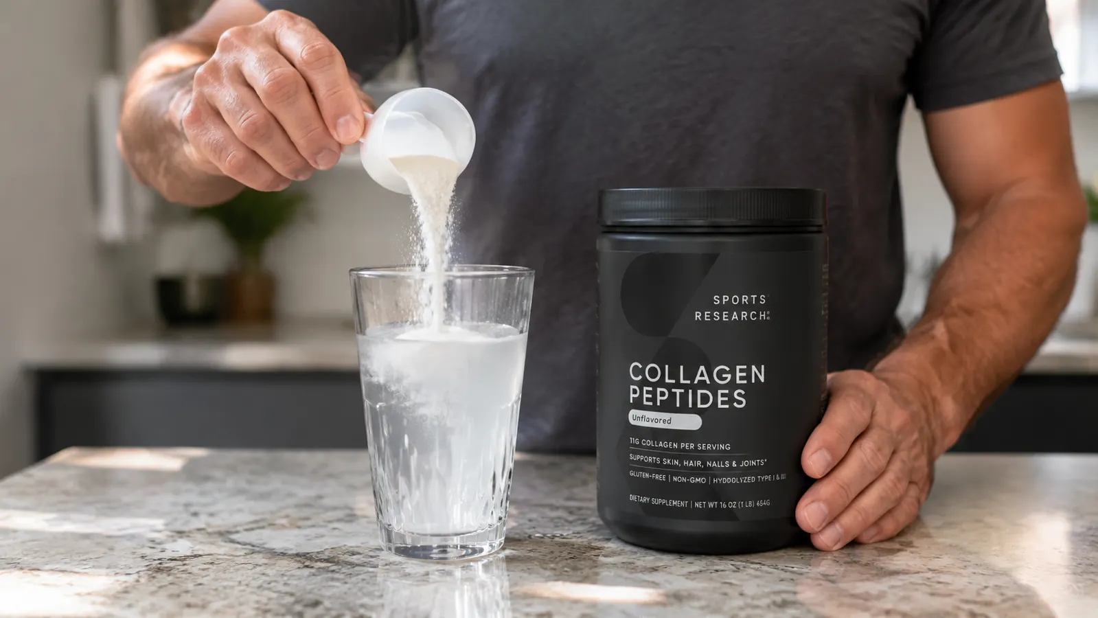 Hand scooping unflavored collagen peptides powder from the Sports Research tub into a glass