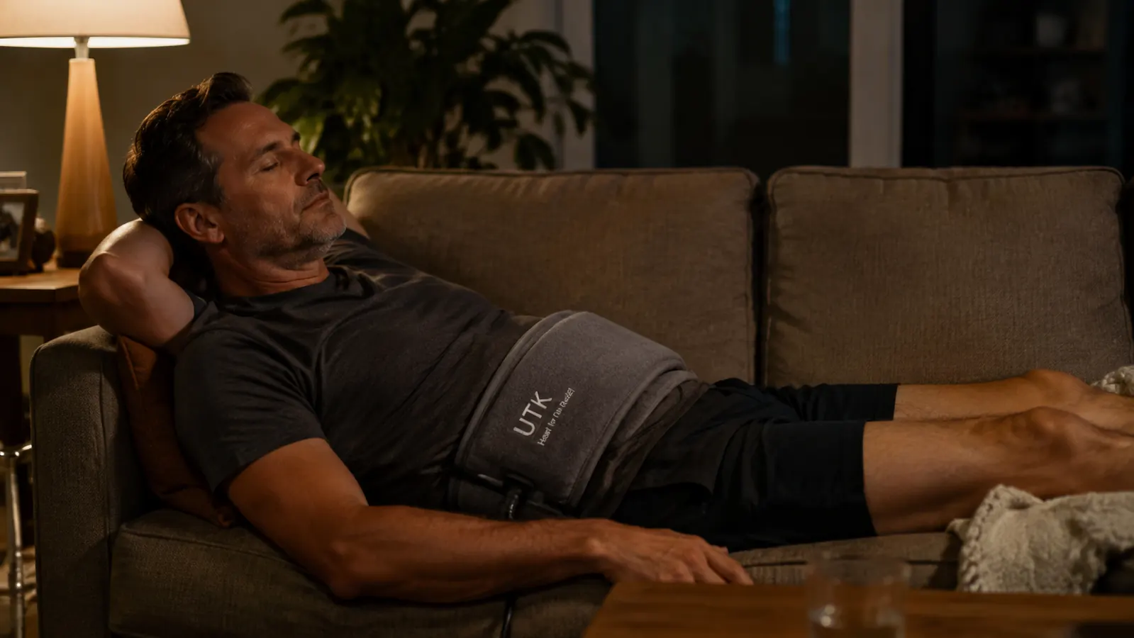 Man in his 40s lying on a couch with a far infrared heating pad across his lower back in the evening