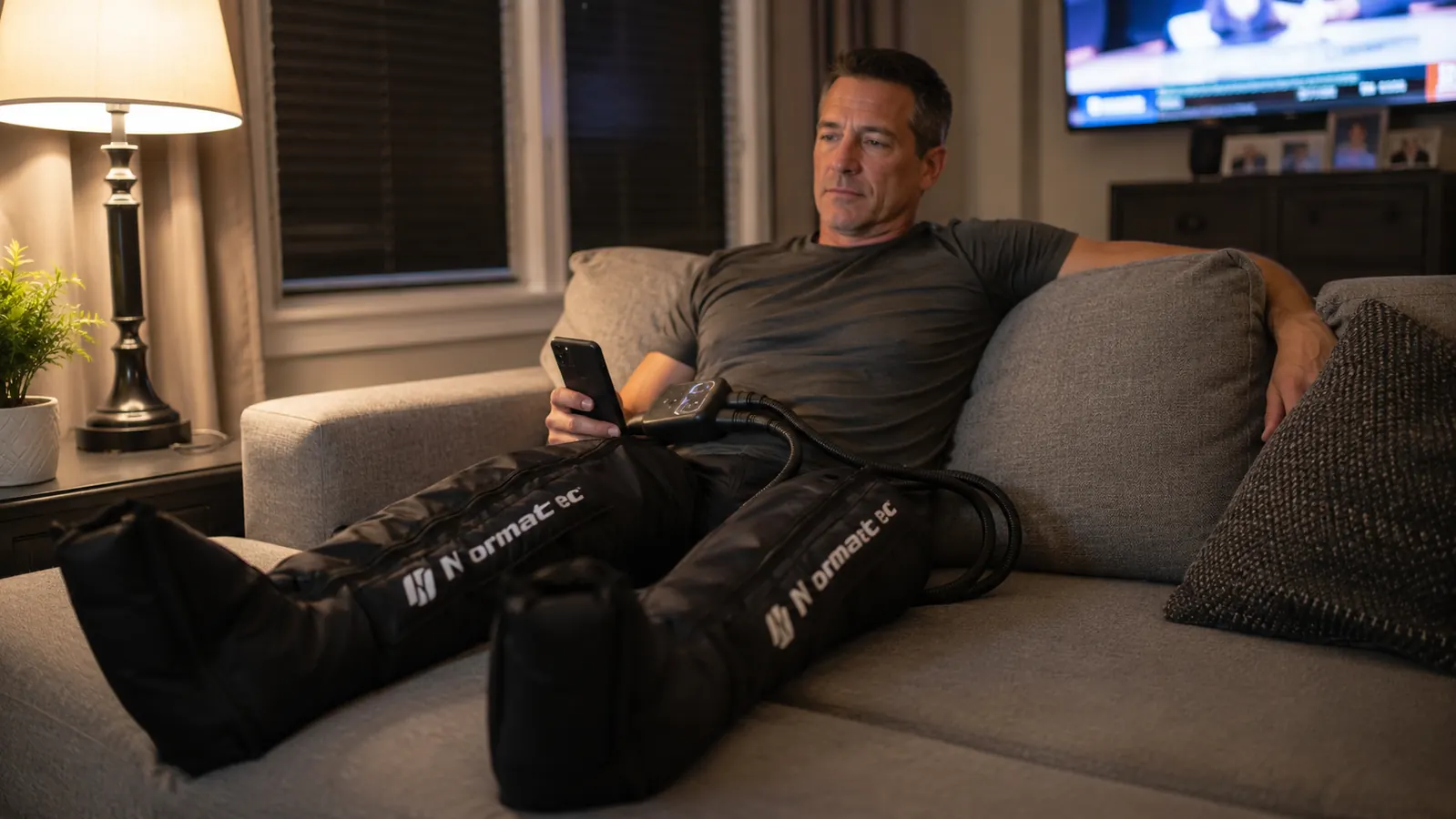 Man in his 40s sitting on a living room couch wearing QUINEAR compression boots on both legs, remote control in hand