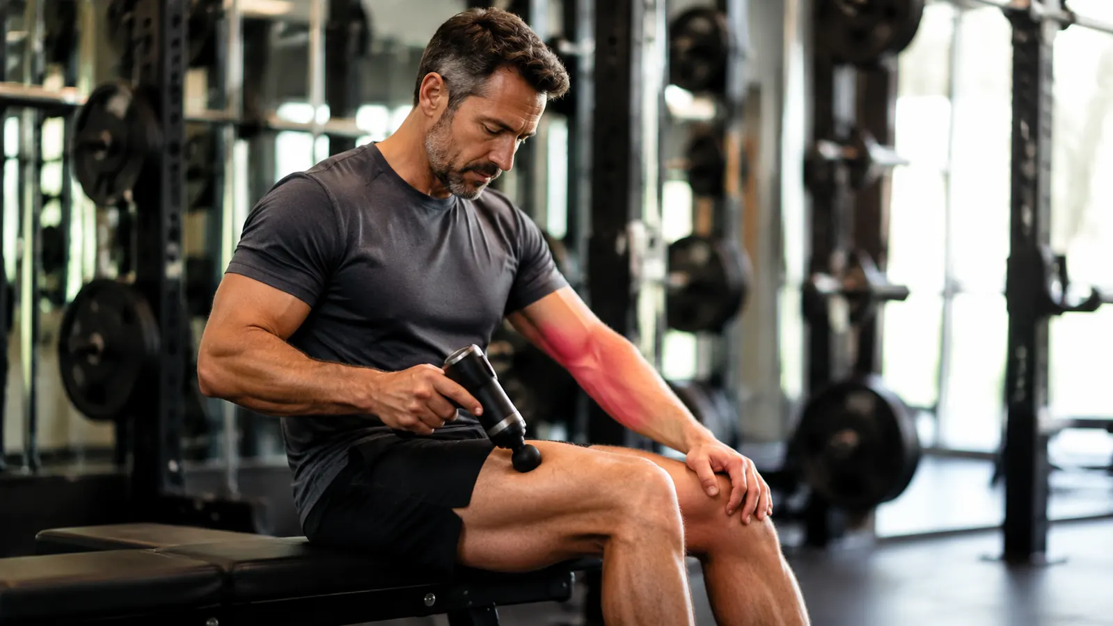 Man in his 40s using a percussion massage gun on his quad after a workout in a home gym