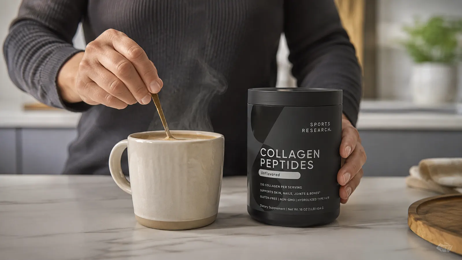 Hand stirring Sports Research Collagen Peptides powder into a mug of coffee at a kitchen counter
