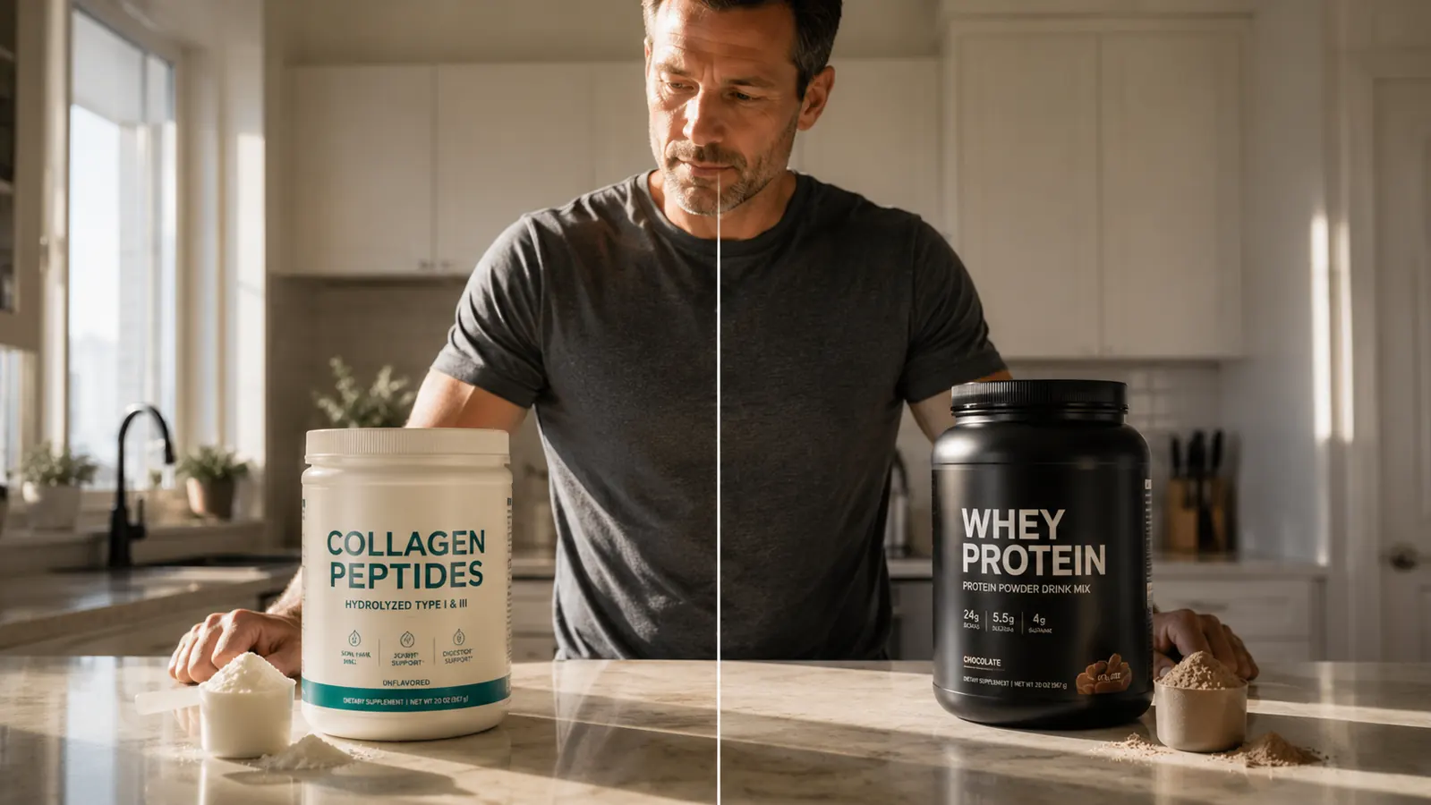 Two scoops of powder side by side on a kitchen counter, one pale white collagen powder and one tan whey protein powder, morning light
