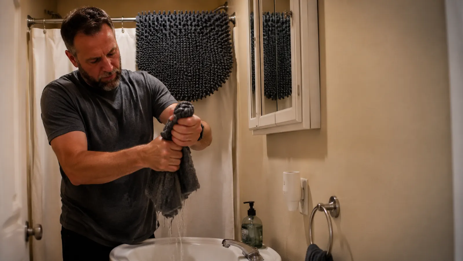 Man rewashing the fabric cover of the acupressure mat in a bathroom sink, mat frame draped over the shower rod