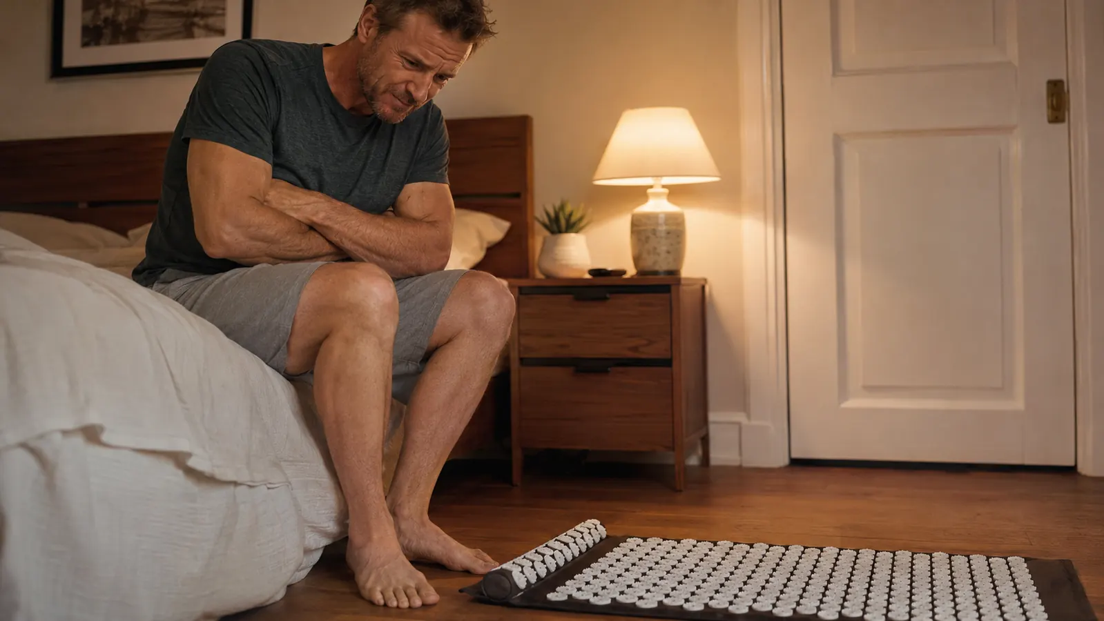 Man in his 40s sitting on the edge of a bed staring warily at a spiked acupressure mat laid out on the floor