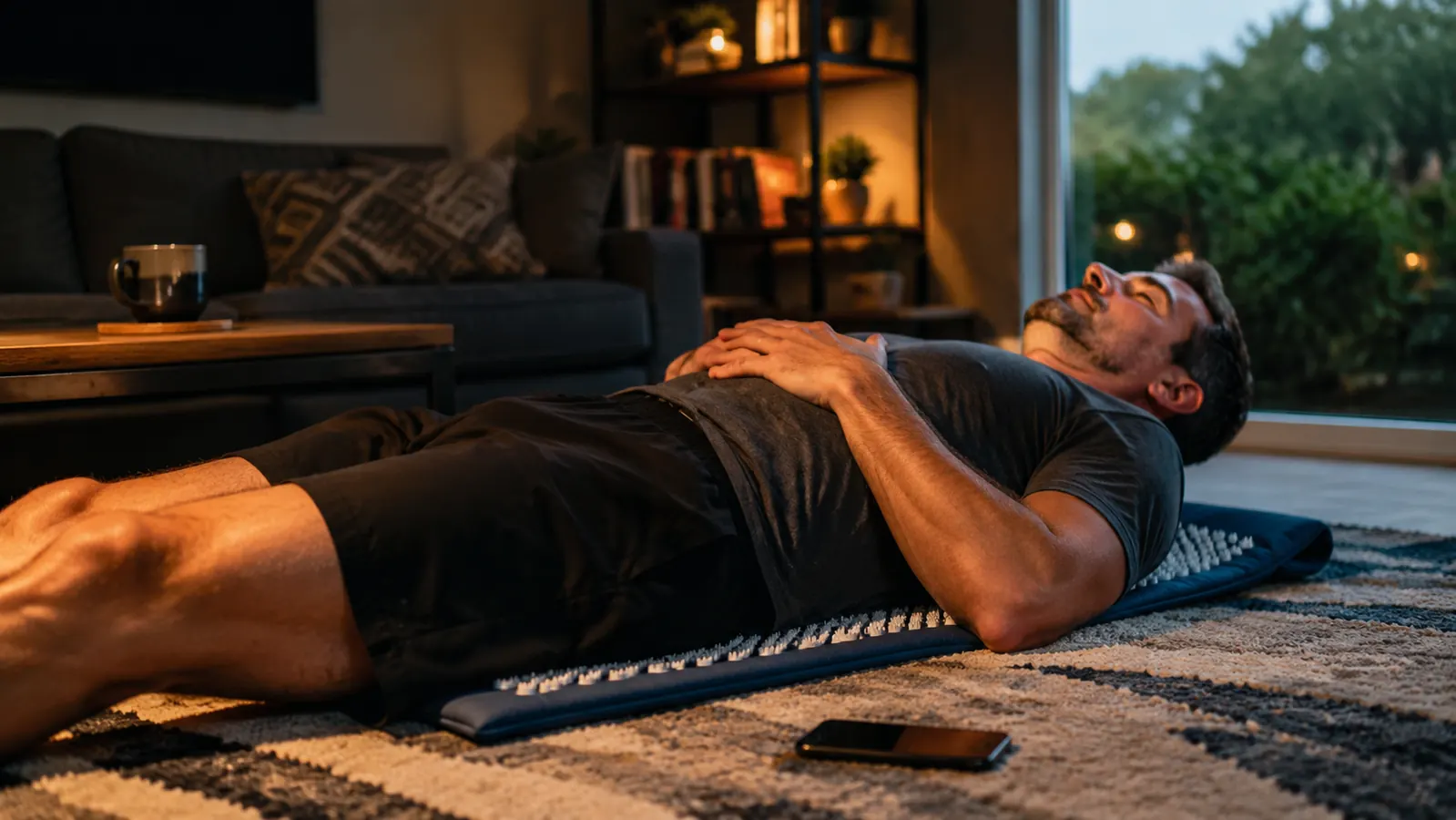 Man in his 40s lying back-first on a spiked acupressure mat on a living room floor, eyes closed, evening lamp light