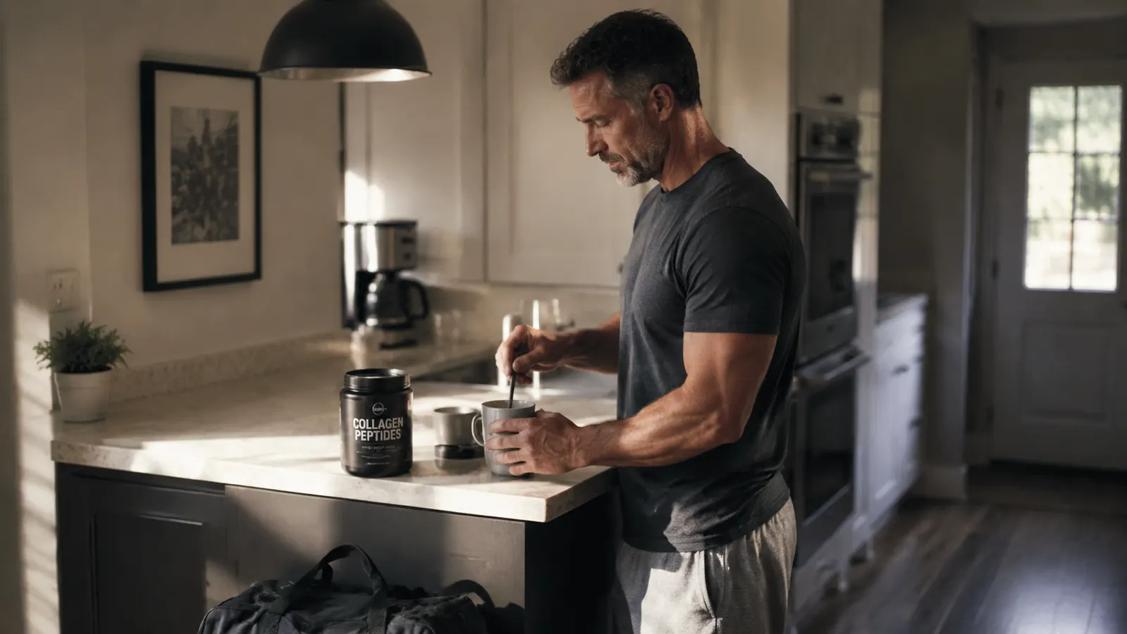Man in his 40s stirring collagen peptides powder into a mug of coffee at a kitchen counter before an early workout