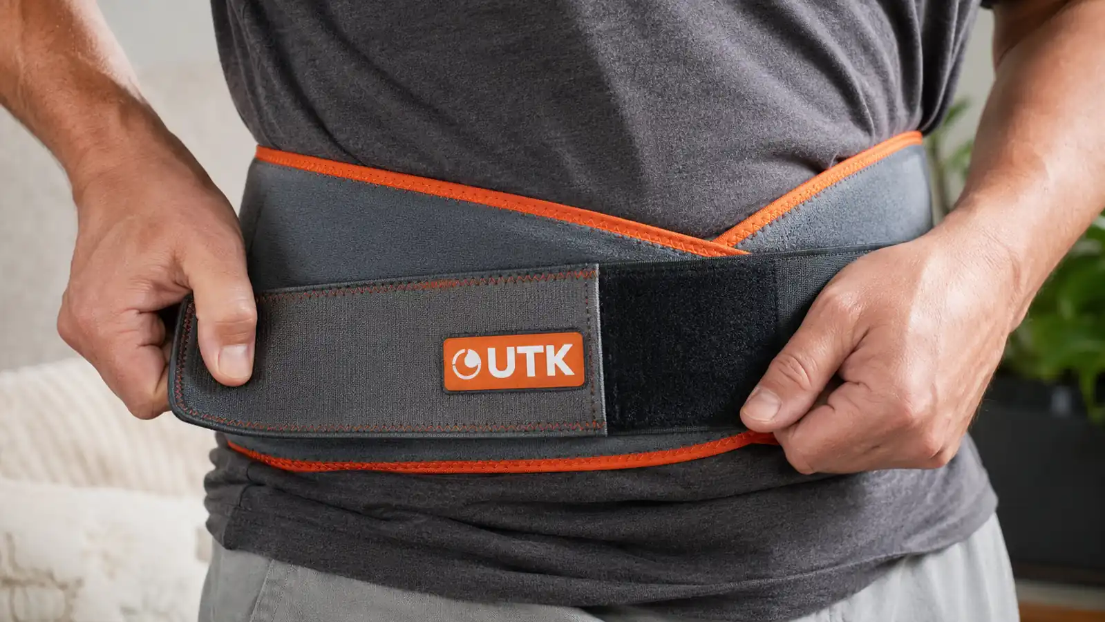 Close-up of hands securing the strap of the infrared heating pad around the lower back