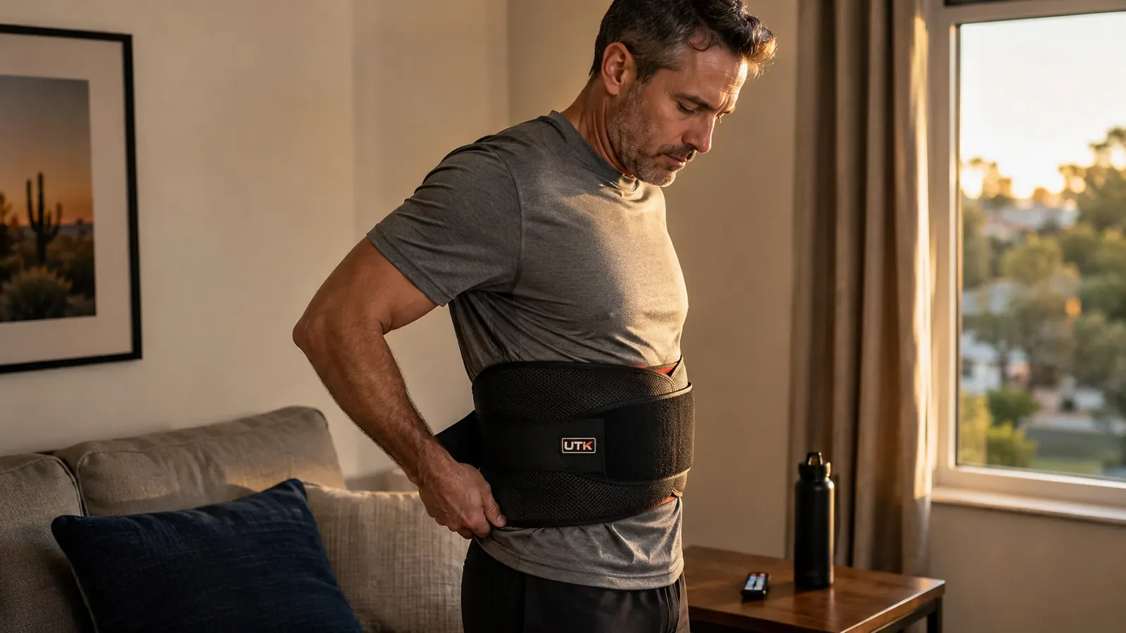 Man in his 40s wrapping a far infrared heating pad around his lower back before lying down on a couch