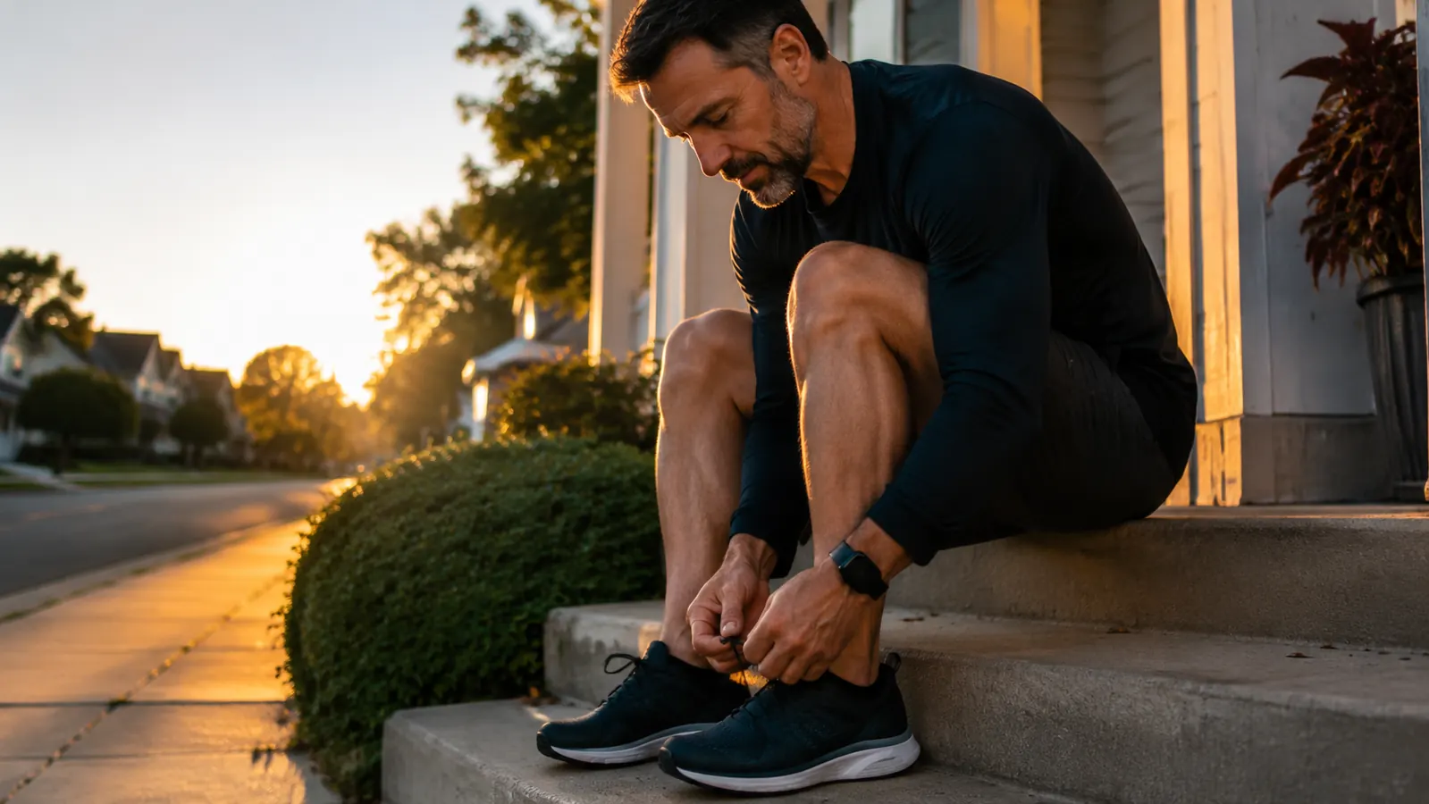Man lacing up running shoes on a porch step in early morning light, ready for a run