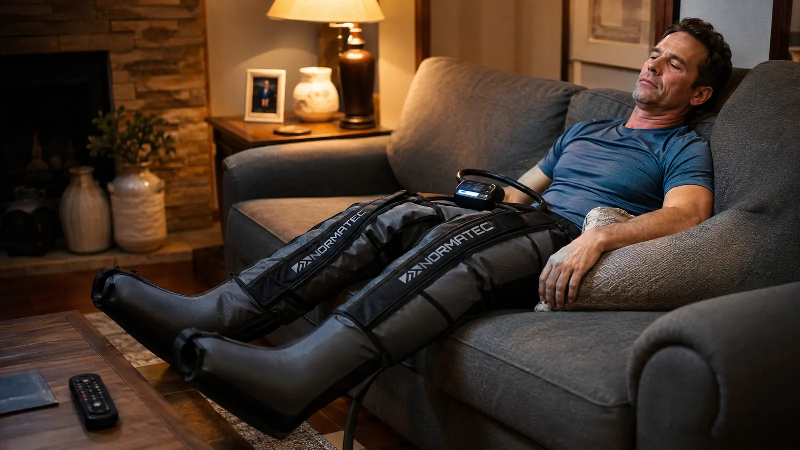 Man sitting on a living room couch with sequential air compression boots zipped up on both legs, remote control in hand
