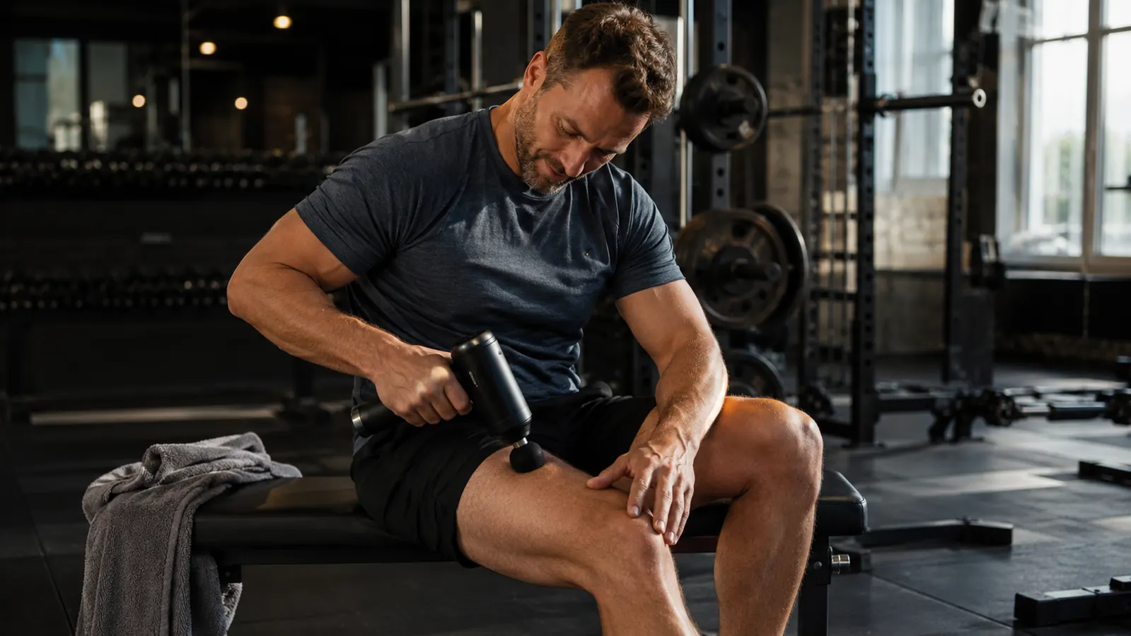 Man in his 40s using a percussion massage gun on his quad after a workout in a home gym