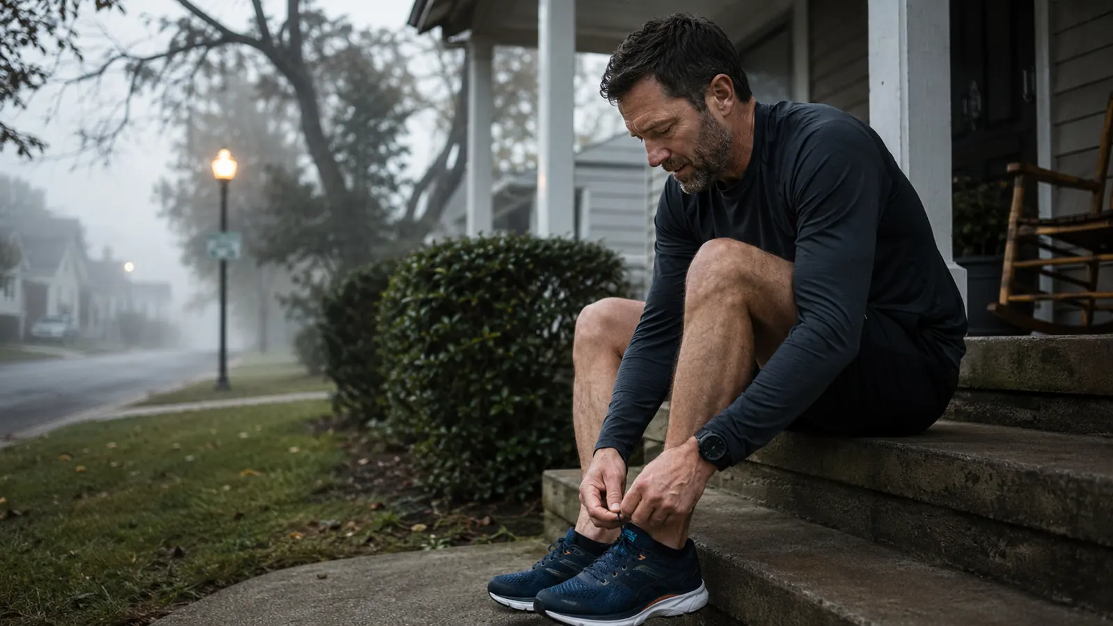 Man lacing up running shoes on a front porch in early morning light
