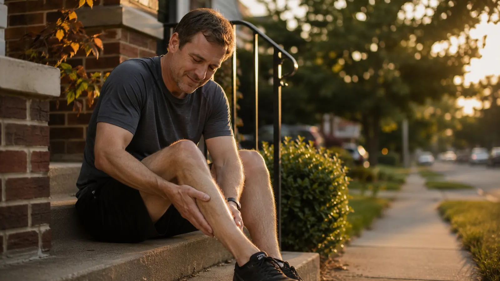 Man sitting on porch steps in running shoes, gripping his calf after a run at dusk