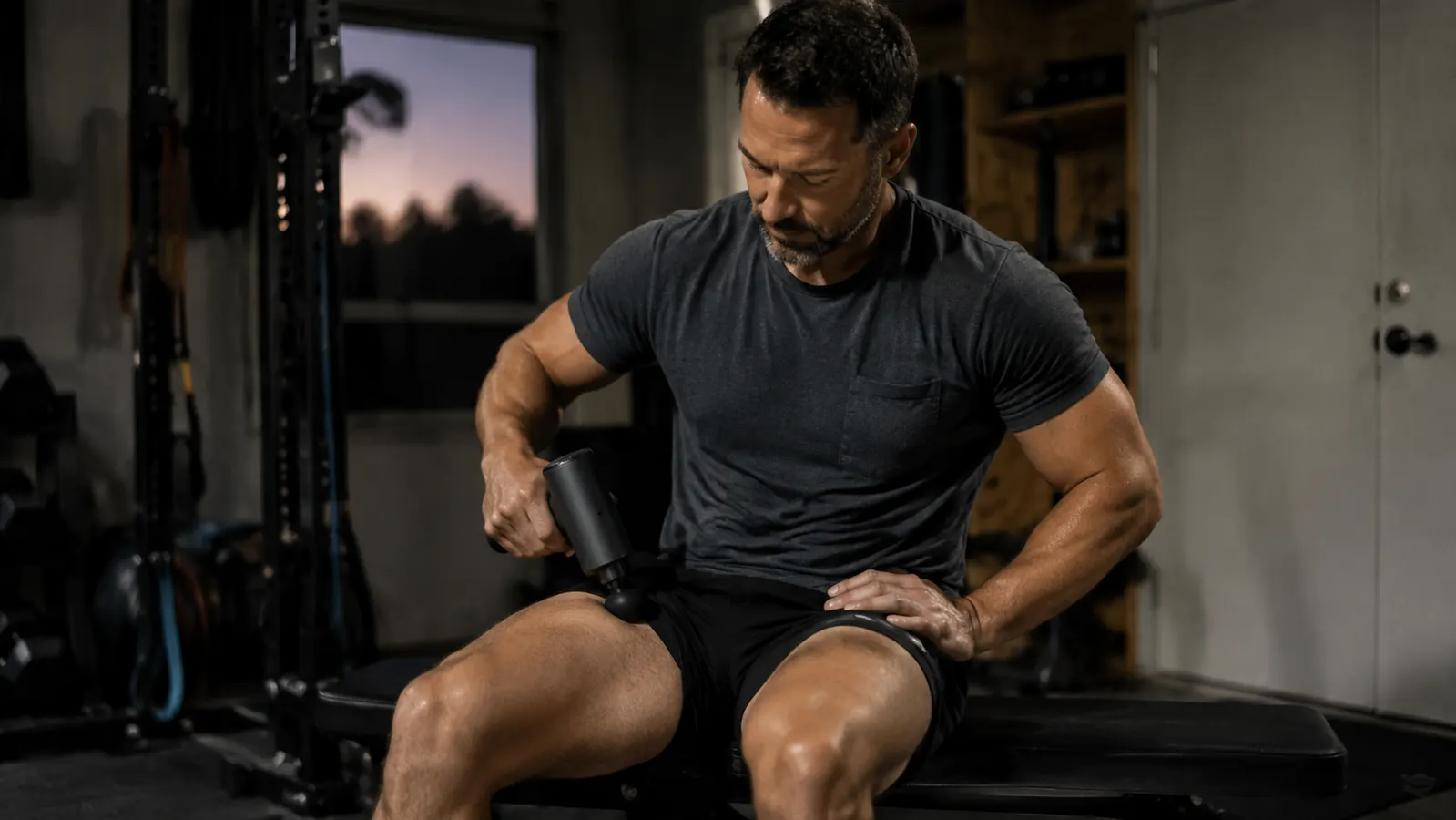 Man using a percussion massage gun on his quad after a training session in a home gym