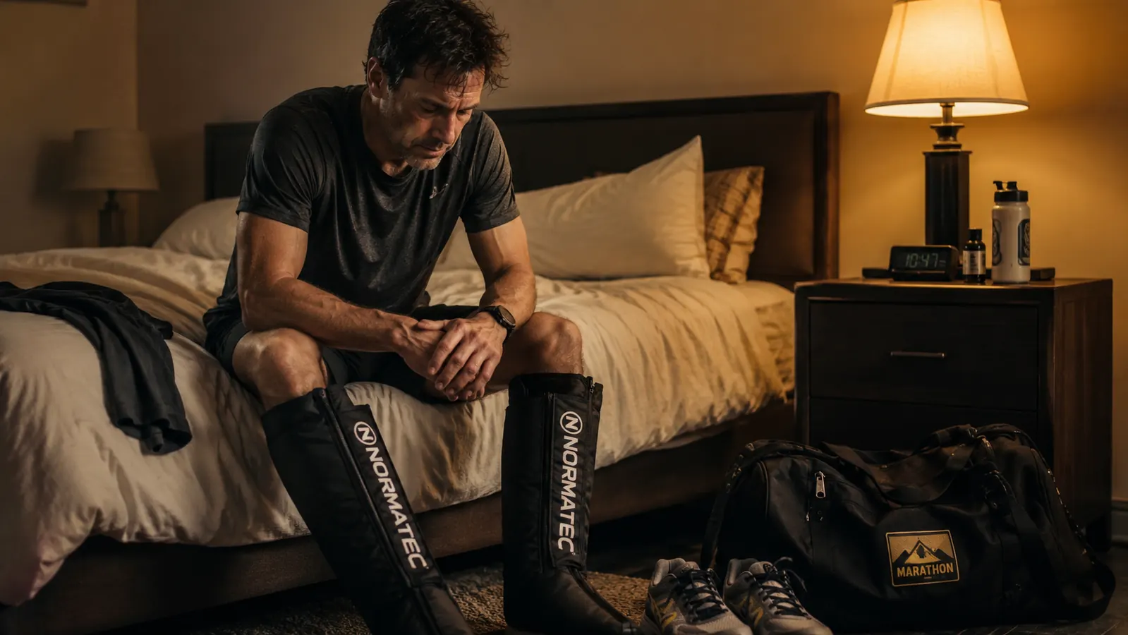 Man in his 40s sitting on the edge of a bed at night with QUINEAR compression boots on his legs, lamp light, quiet bedroom