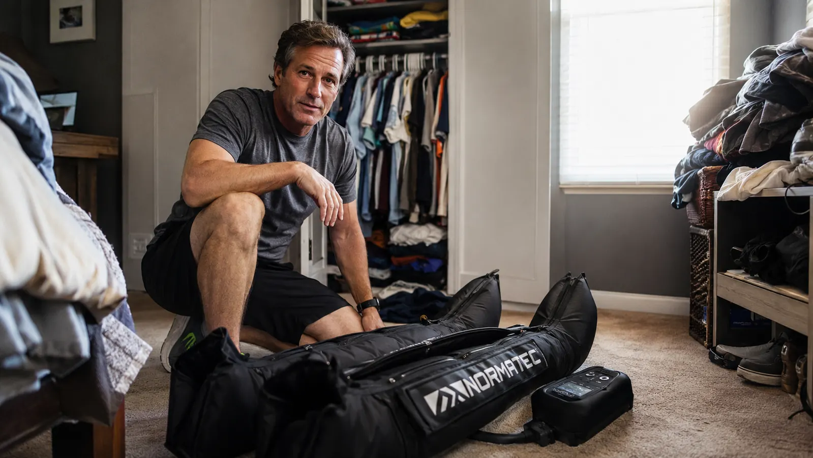 QUINEAR compression boots sitting half-unzipped on a bedroom floor next to a closet stuffed with gear