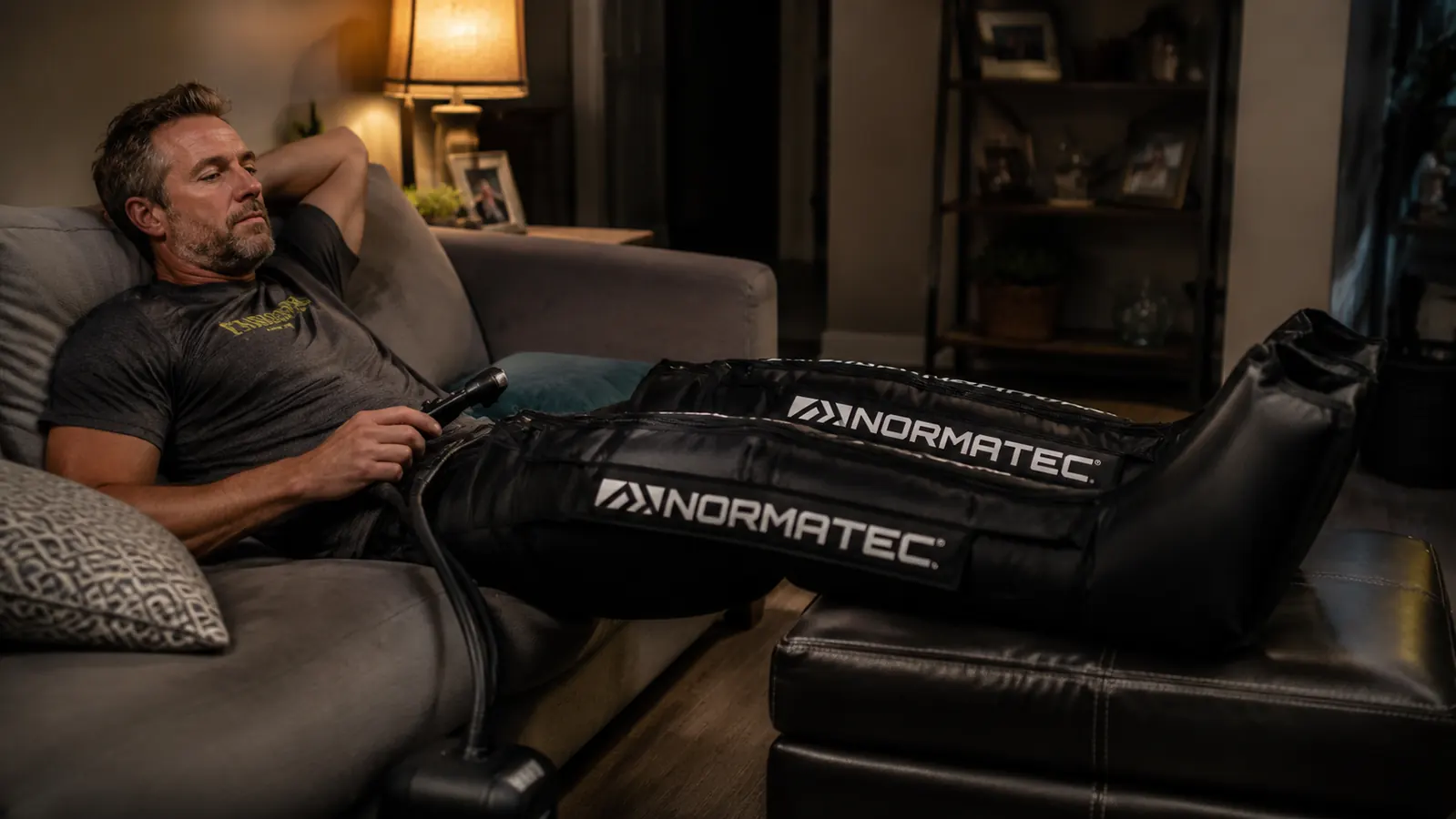 Man reclined on a living room couch wearing QUINEAR compression boots on both legs after an evening run