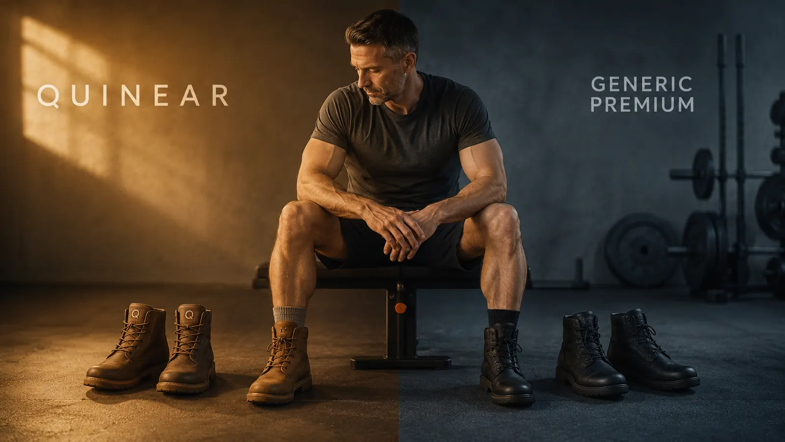 Two pairs of leg compression boots side by side on a gym floor, one plugged into a control unit