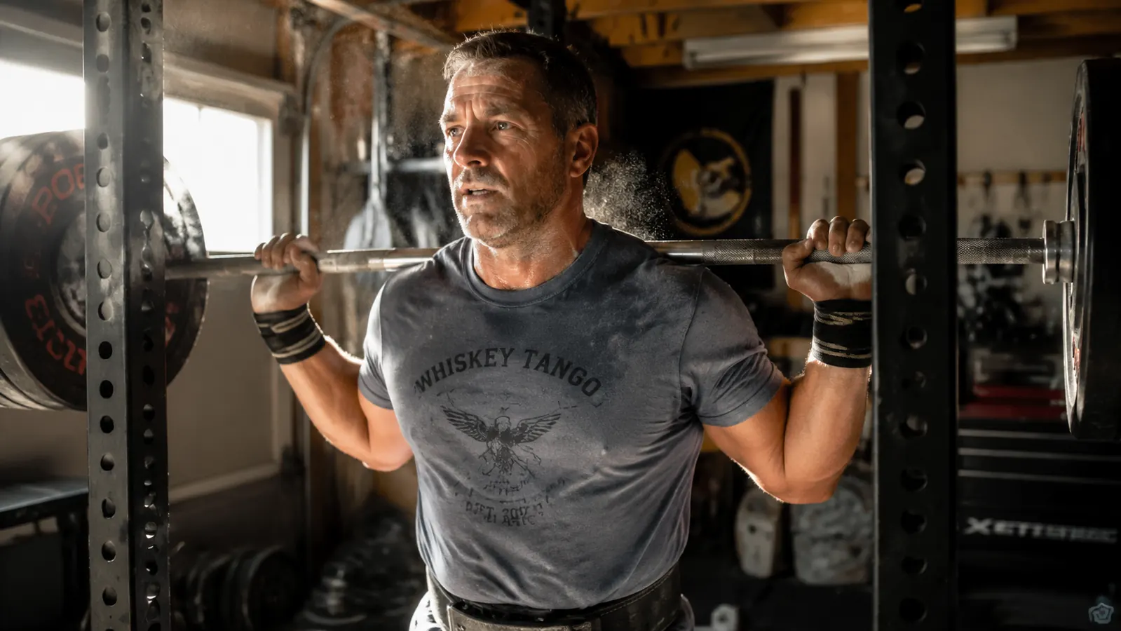 Man in his 40s racking a barbell after a squat set in a home garage gym