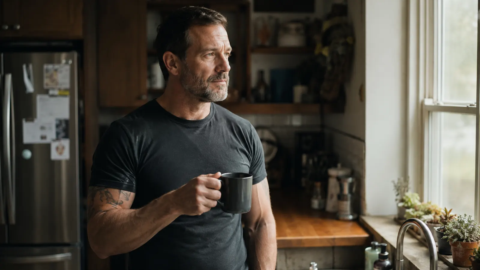 Man in his 40s standing in a sunlit kitchen holding a mug of coffee, morning light through the window