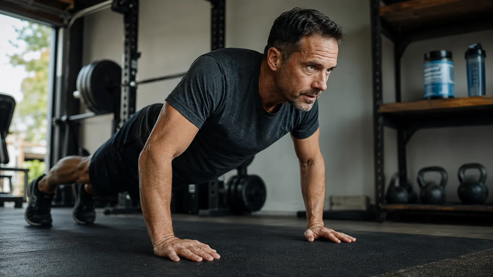 Man in his 40s doing a push-up in a garage gym with a collagen tub visible on a nearby shelf