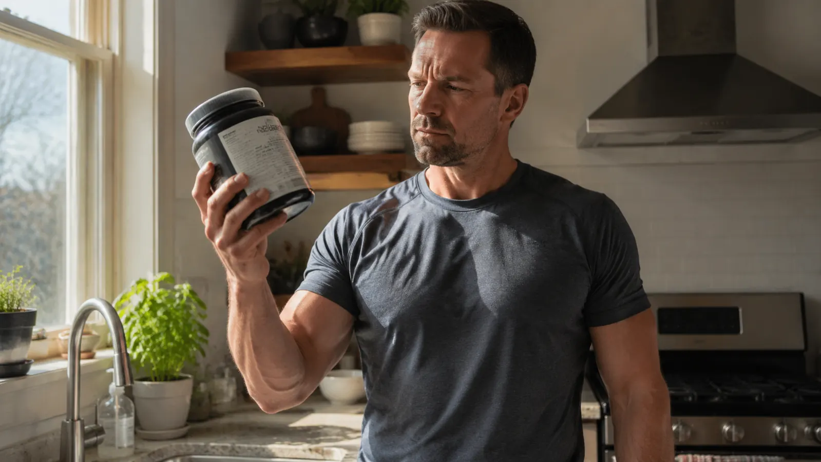 Man in his 40s squinting skeptically at a collagen peptides tub label in a home kitchen
