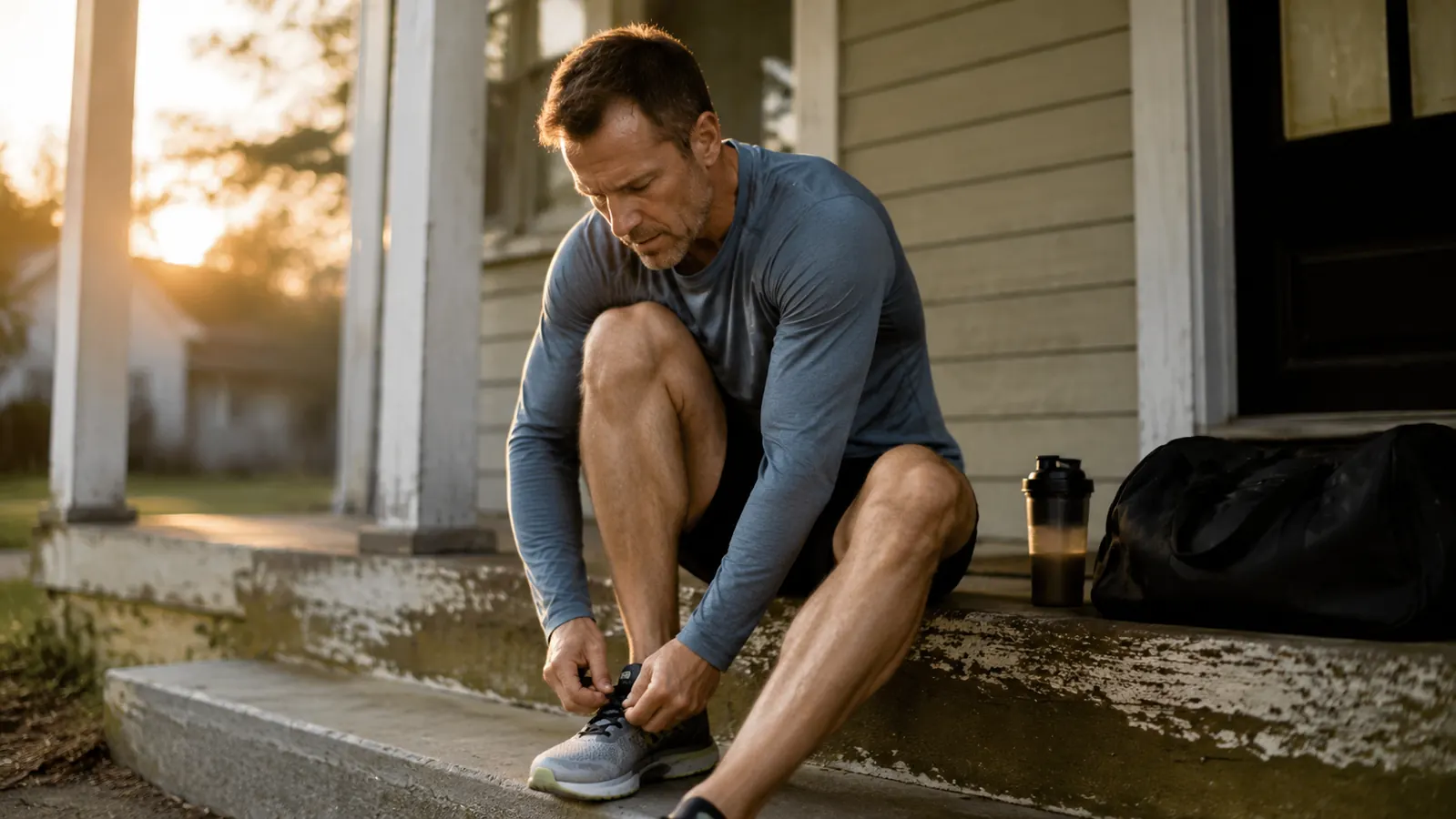 Man lacing up running shoes on a porch step with a gym bag and shaker bottle nearby
