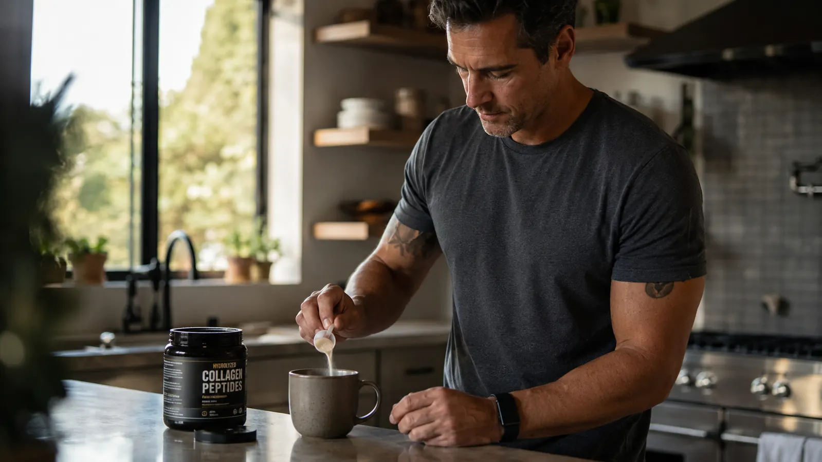 Man in his 40s stirring a scoop of collagen powder into a mug of coffee in a home kitchen
