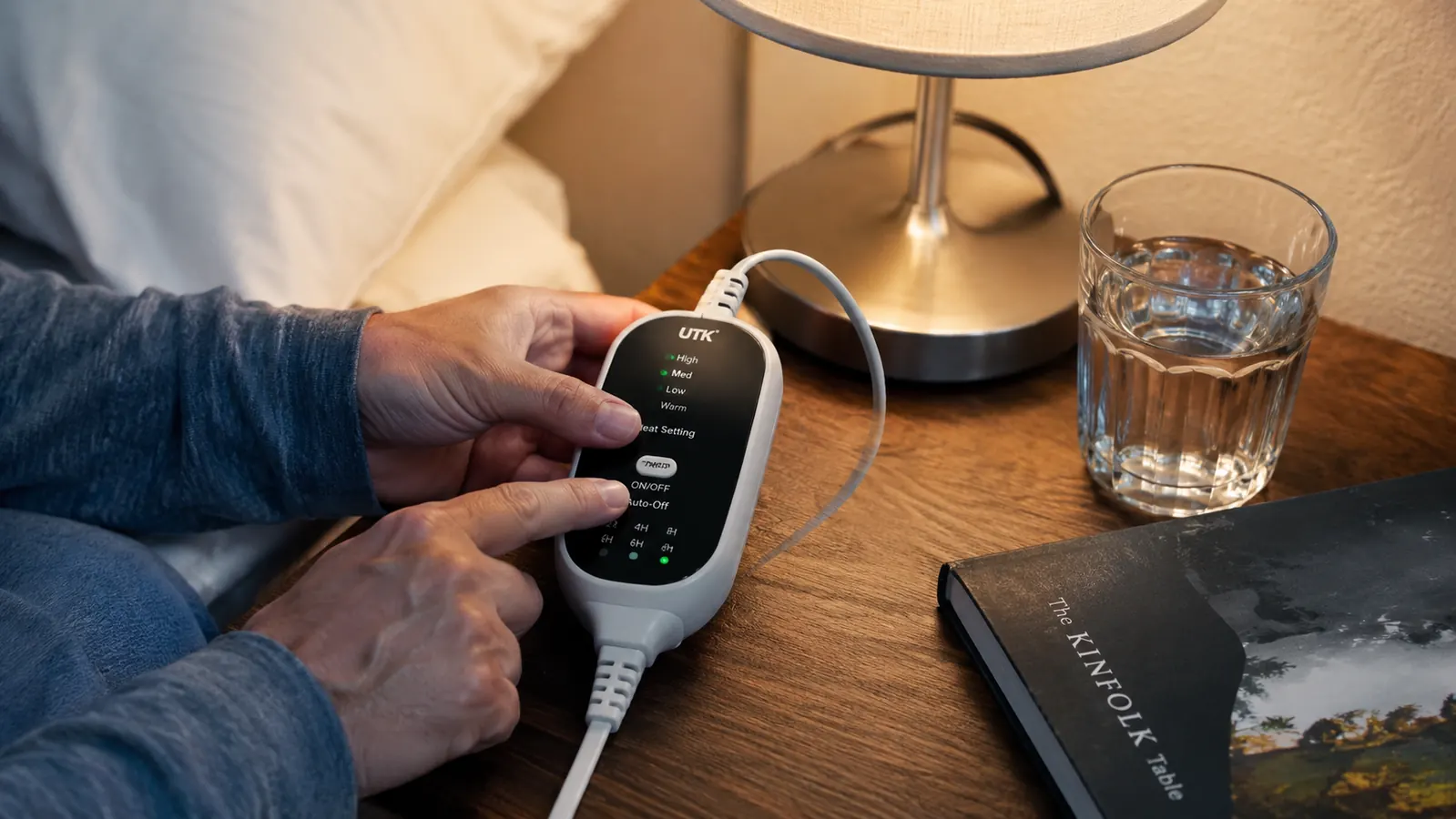 Heating pad controller and cord resting on a nightstand next to a glass of water