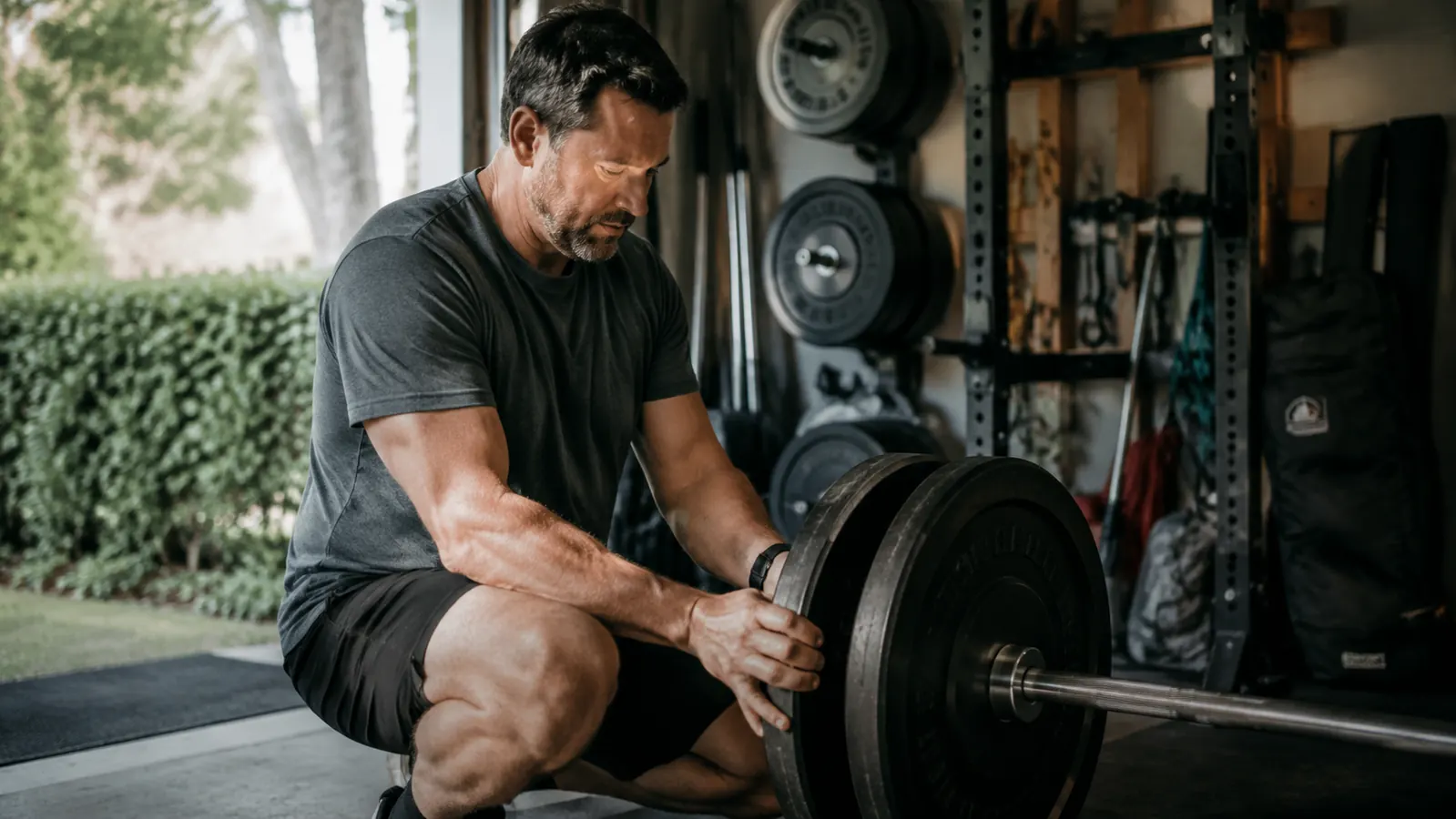Man loading a barbell in a home garage gym, early morning light