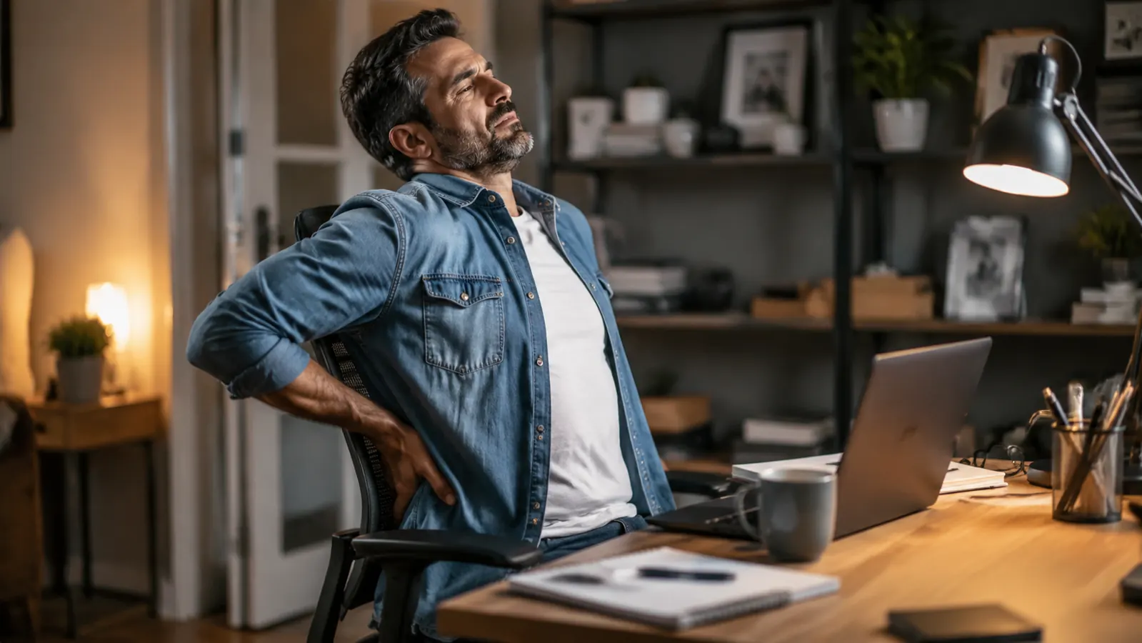 Man in his 40s leaning back from a home office desk, hand on lower back, evening light through the window