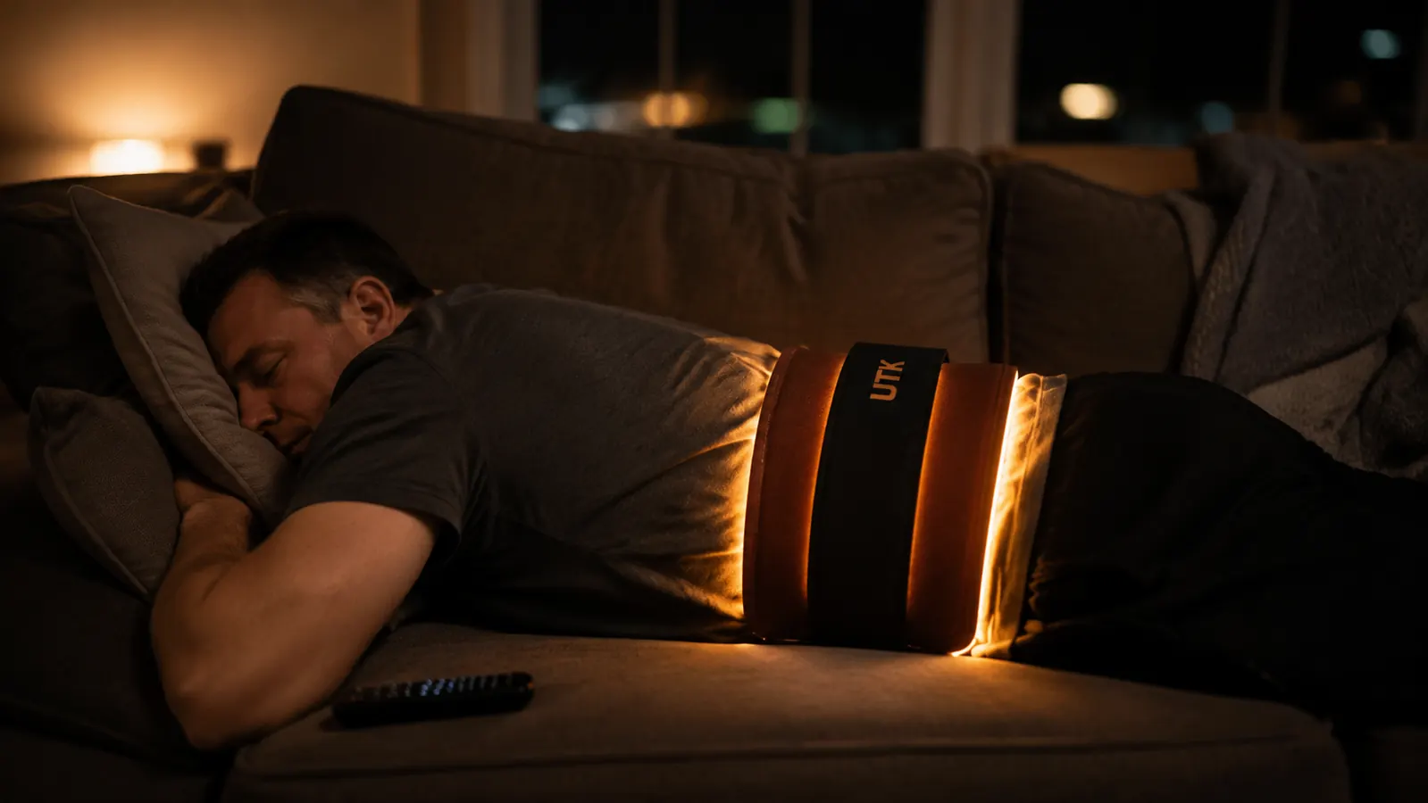 Man lying face down on a couch at night with a dark stone-studded infrared heating pad glowing faintly across his lower back