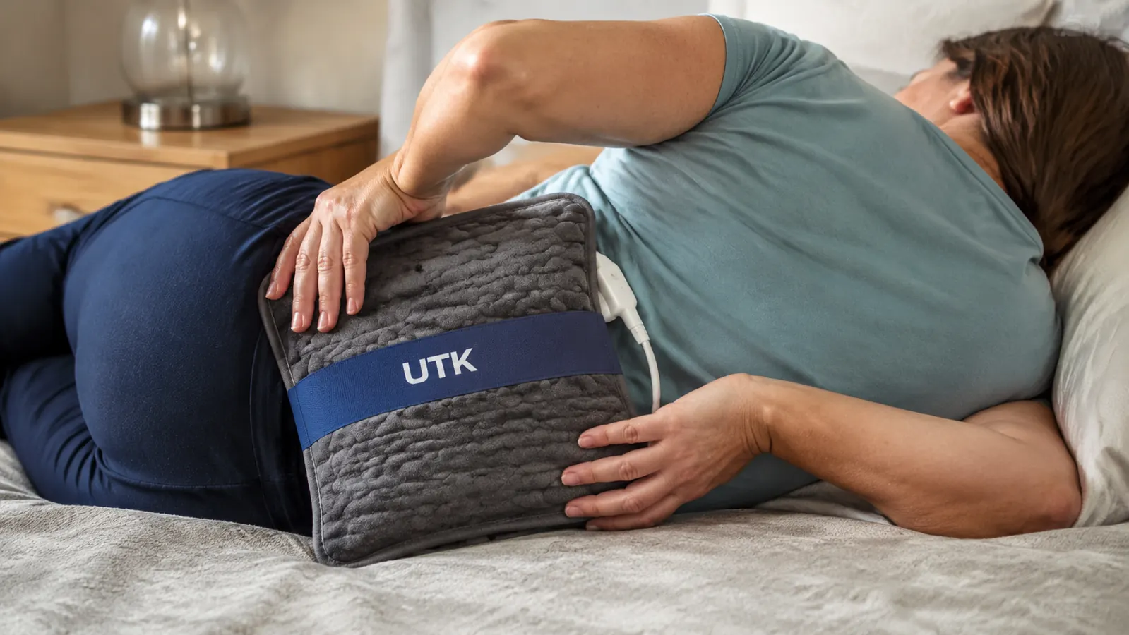 Hand pressing the UTK far infrared heating pad against lower back over a t-shirt