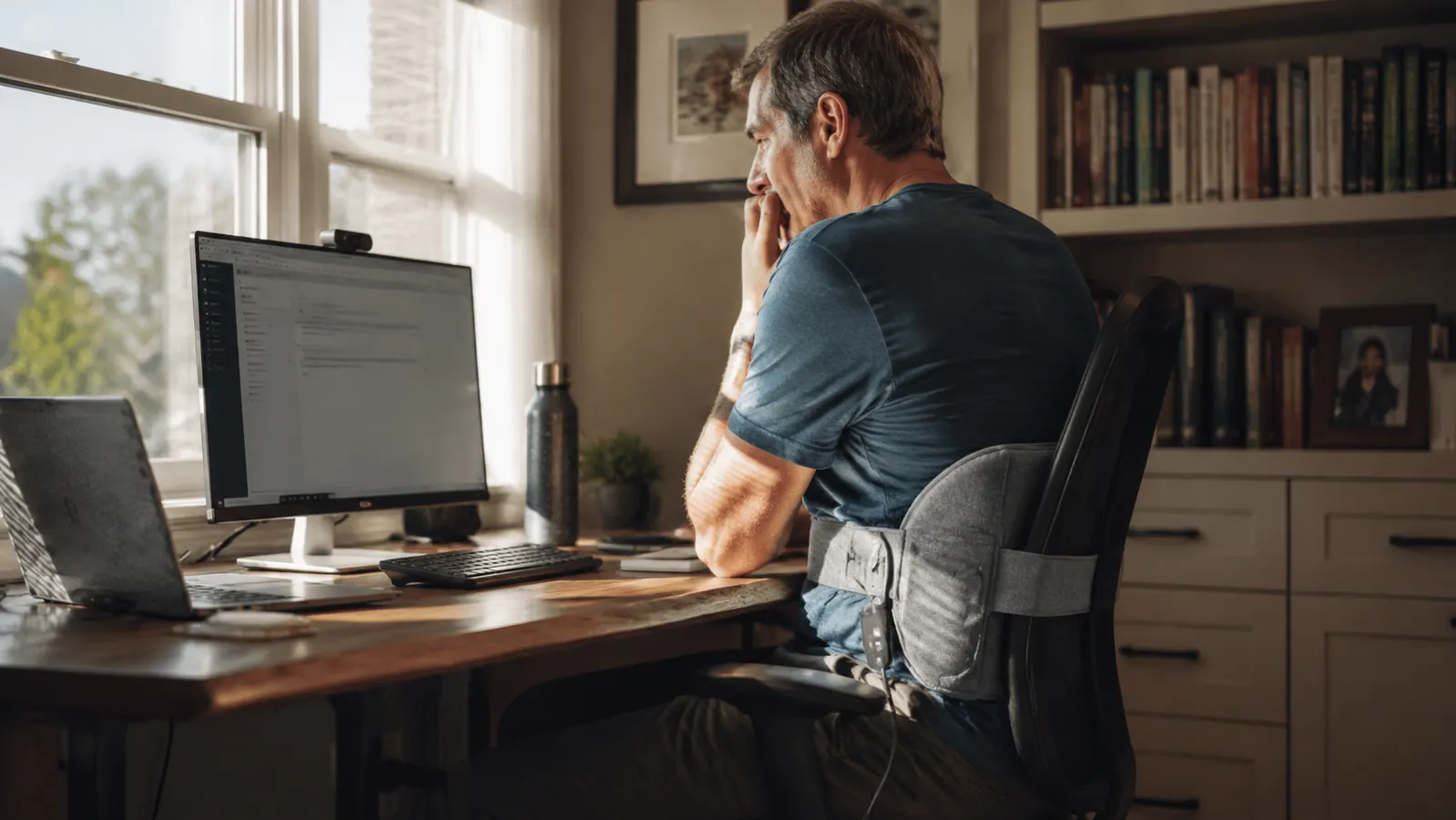 Person at a home desk setup with the UTK heating pad draped over the back of a chair