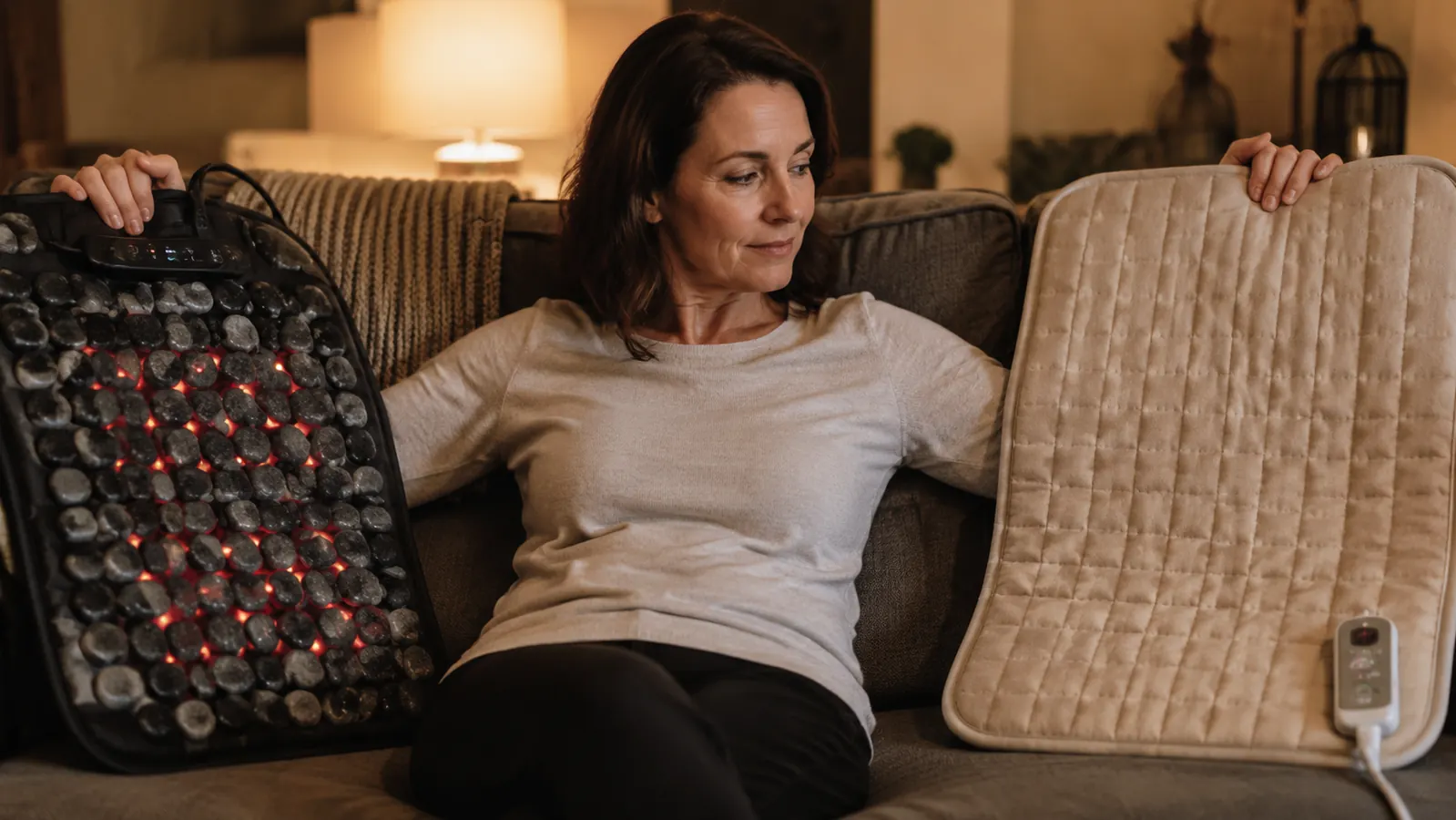 Two heating pads side by side on a couch, one with visible stone pack lines and one a plain quilted electric pad